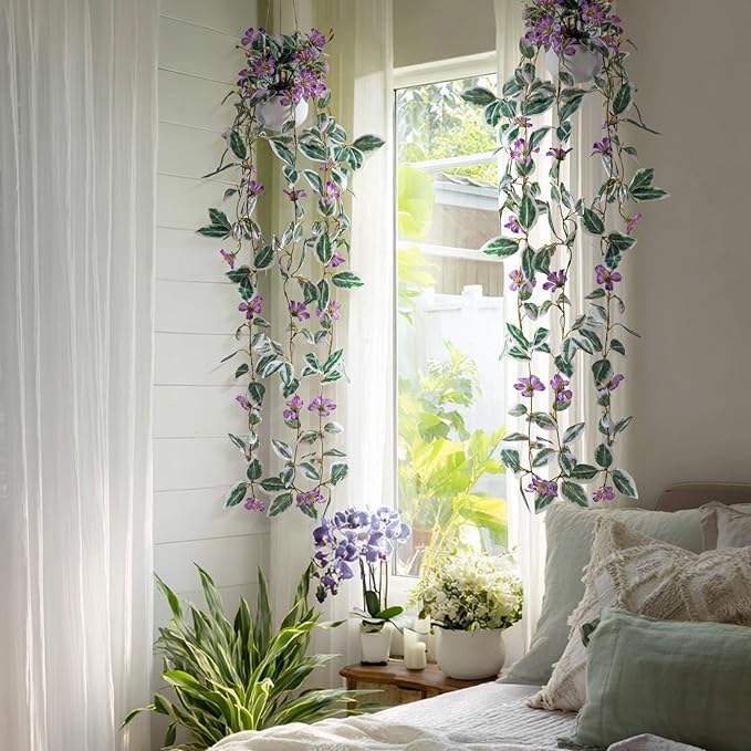 2PCS Artificial Hanging Plant with Pot Faux Hanging Plants Small Hanging Plants Pot with Artificial Vines and Flower Greenery Decoration for Living Room Wall Home Wall Shelf