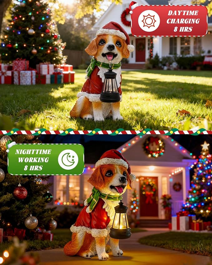 Christmas Dog Garden Statue with Solar Lantern – Santa Dog Figurine in Red Coat & Hat, Outdoor Christmas Yard & Porch Decorations, Balcony & Lawn Decor, for Dog Lovers