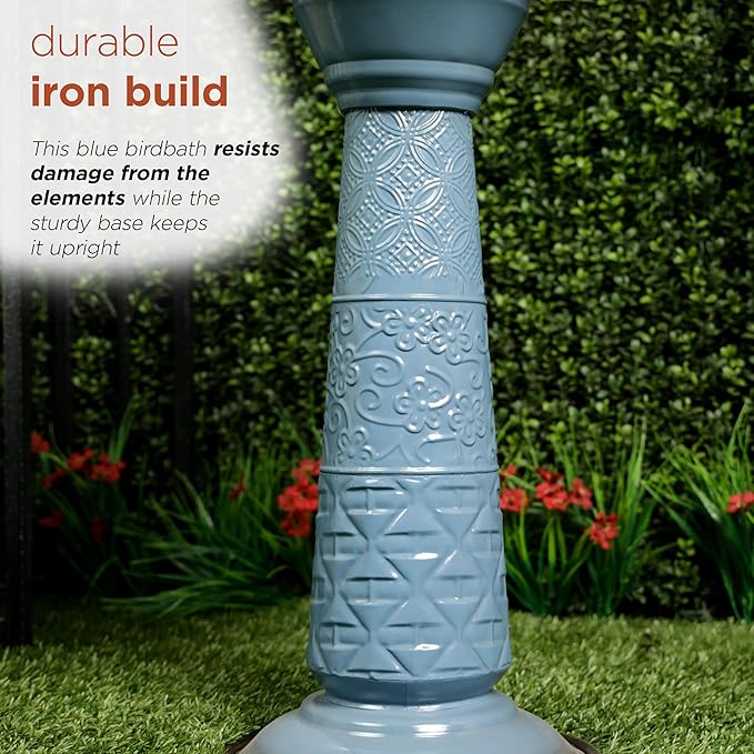 Alpine Corporation ORS112BL Vintage Metal Pedestal Birdbath with Stand, Shallow Bird Bath Bowl for Outside, 28" H, Blue