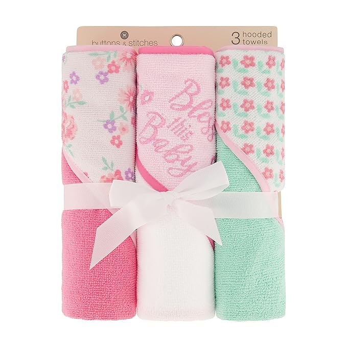 Cudlie Buttons & Stitches Baby Girl 3 Pack Rolled/Carded Hooded Towels in Bless This Baby Print, GS71730