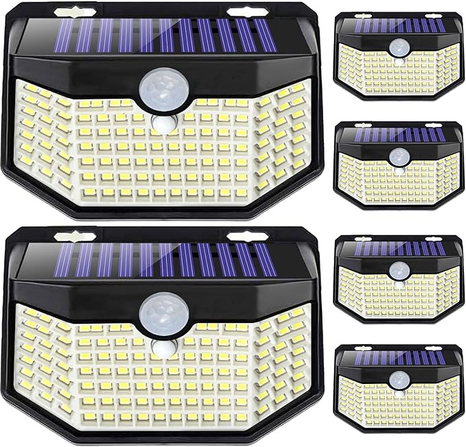 HMCITY 120 LED Outdoor Solar Lights with Motion Sensor and 3 Lighting Modes, IP65 Waterproof Wide Solar Wall Lights Ideal for Garden Patio Yard (Front Button 6Packs, Black Shell-Daylight White)