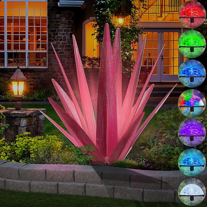 Large Tequila Rustic Sculpture, Rustic Metal Agave Plants for Outdoor Patio Yard, Home Decor Hand Painted Metal Agave Garden Yard Statue, Outdoor Lawn Ornaments (Rose Red - L (W/Solar Light))