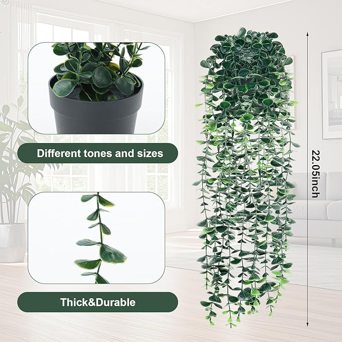 Artificial Hanging Eucalyptus Plants，Fake Plant Eucalyptus Small Decor Faux Hanging Vine Plants Wall Greenery for New Home Decoration，for Floating Shelf Indoor Outdoor Pack of 3