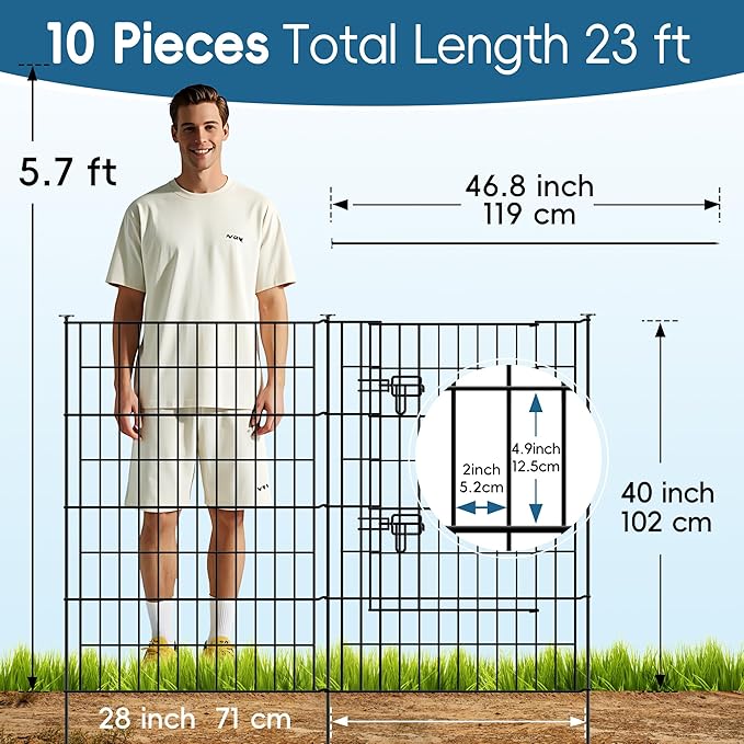 Metal Garden Fence 40 inch H x 28 inch W, 10 Panels (9 Panels + 1Gate), Total 23 ft, No Dig Fence Rustproof Animal Barrier Fencing for Dog, Rabbits, and Patio,Yard