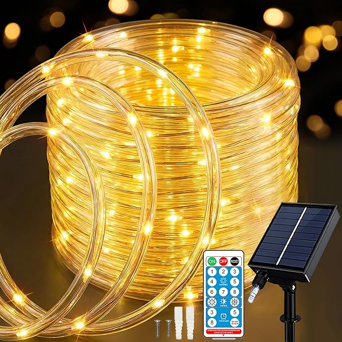 ANJAYLIA 66FT 200 LED Solar Rope Lights Outdoor Waterproof, Solar Powered Rope String Light with 8 Mode & Timer Remote, for Outdoor, Patio, Garden, Camping, Holiday & Christmas Décor Warm White