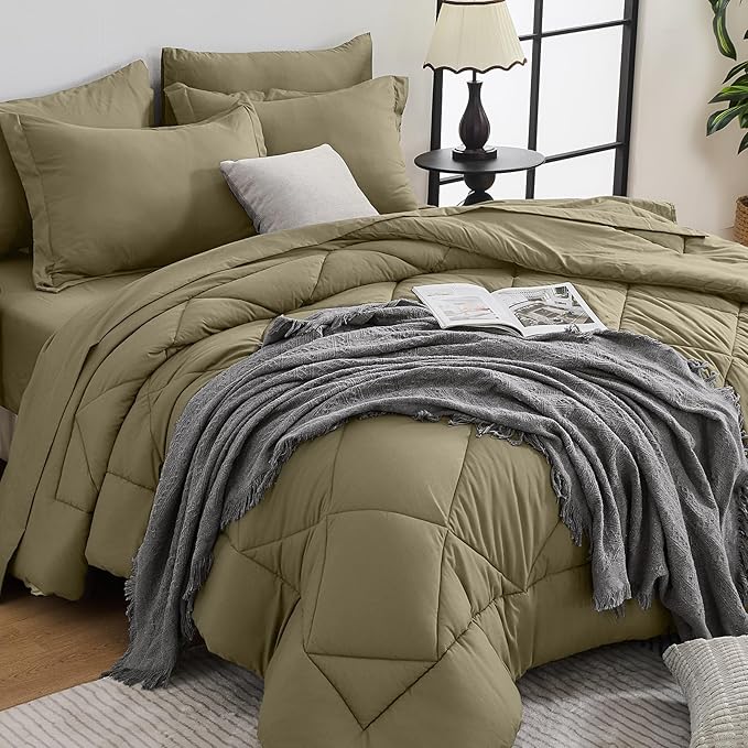 HEVUMYI Olive Green Queen Comforter Set - 7-Piece All Season Bed in a Bag Queen, Ultra Soft Bedding Set with Comforter, Flat Sheet, Fitted Sheet, Pillowcases, Pillow Shams, Olive Green