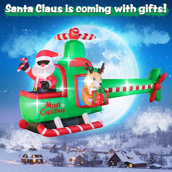 8.5 FT Long Christmas Inflatable Outdoor Decorations, Blow Up Santa Claus Helicopter with Bright LED Lights, Christmas Santa and Reindeer Flying Airplane for Xmas Decor, Lawn, Yard Holiday Party