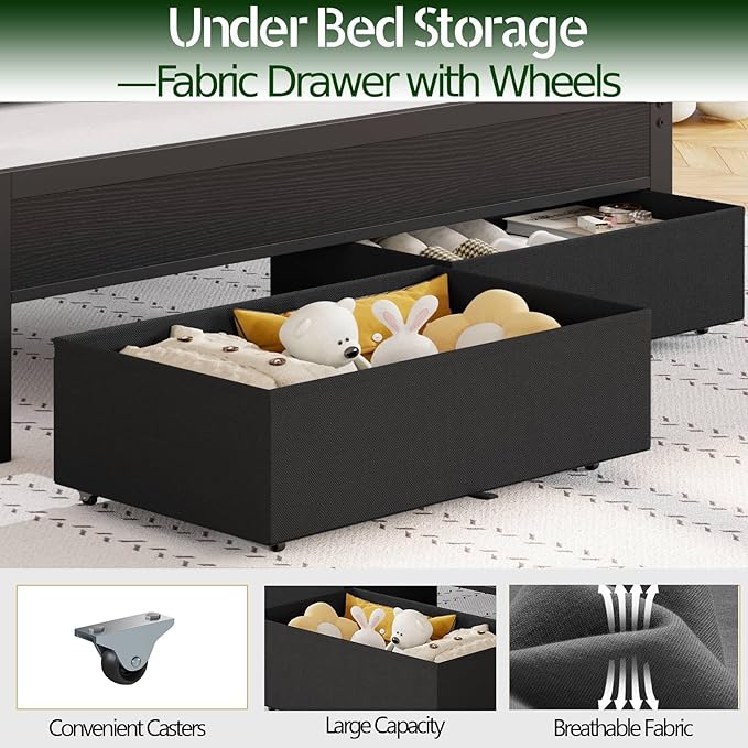 Furnulem Queen Bed Frame with Charging Station and LED Lights, Grey Upholstered Headboard with Shelves, Metal Platform Bed with 2 Under-Bed Storage (Fabric Drawer on Wheels), No Box Spring Needed