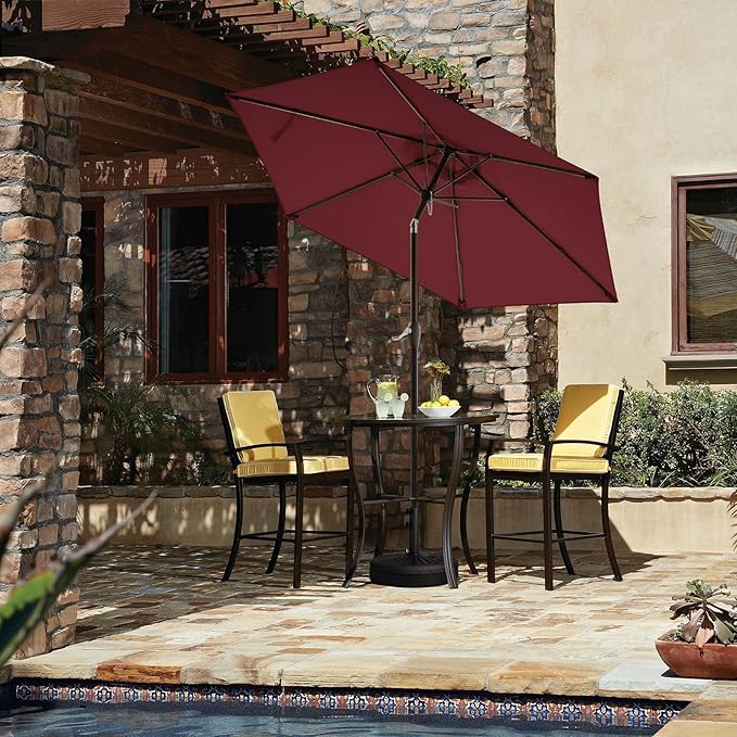 JEAREY 7.5FT Patio Umbrella Market Table Umbrella with 6 Sturdy Ribs, Push Button Tilt/Crank Outdoor Umbrella for Garden, Deck, Backyard, Pool and Beach,Burgundy