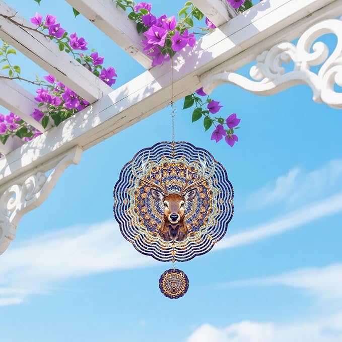 Wind Spinners Outdoor, Purple Brown Elk Deer 3D Stainless Steel Wind Sculpture Spinner for Garden Outside Hanging Decor Mother's Day Christmas Birthday Gifts for Women Men Mom Nana 7.8 in