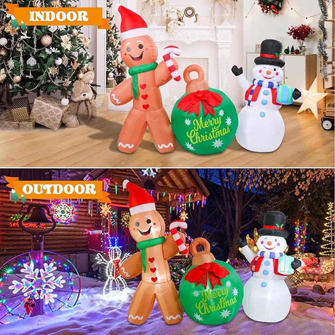 Bshine Christmas Inflatable Outdoor Decorations, 5.9FT Cute Gingerbread Man Snowman Celebration Sign Blow Up Yard Decor with LED Lighted for Holiday Xmas Outdoor Indoor Home Garden Lawn Decorations