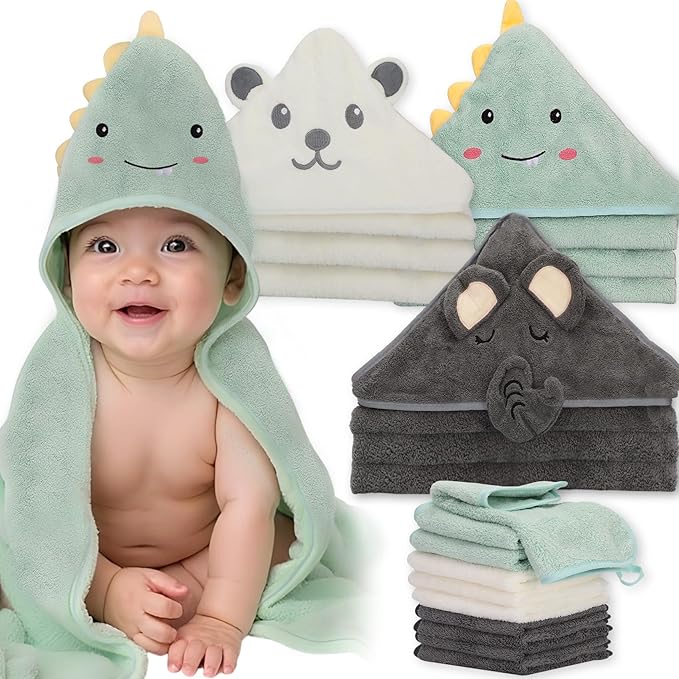 Saranna Baby Hooded Towels for Newborn 13pcs, Soft Baby Bath Towels and Washcloths Set for Toddlers, Infant Towels with Hood Set.