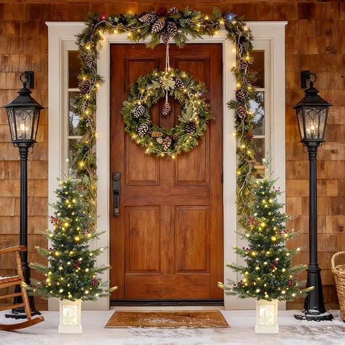 Small Pre-Lit Christmas Tree with LED Lights - 3.5FT Ariticifial Tree with Snowflake Base, Battery Operated & Auto Timer for Home Office Xmas Decor