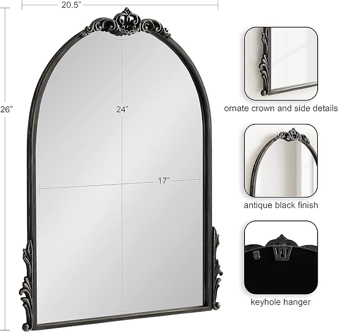 Kate and Laurel Myrcelle Traditional Arched Mirror; 21 x 26; Antique Black; Decorative Arch Vintage Mirror with Ornate Garland Detailing Along The Crown and Edges of The Frame