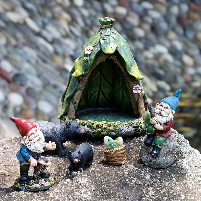 BangBangDa Outdoor Miniature Gnome Garden Kit- Fairy Houses Village Accessories Set Fishing Gnome Figurines Statue Patio Cake Topper Decor for Boy Girl Mother Girlfriend Birthday Gifts