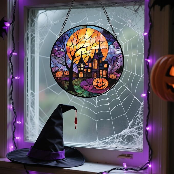 Stained Glass Window Hanging Halloween Horror Pumpkin 6.3" - Suncatcher Door Garden Sunroom Golden Moon Church Sun Catcher Birthday for Friend Mom Men Woman Nana