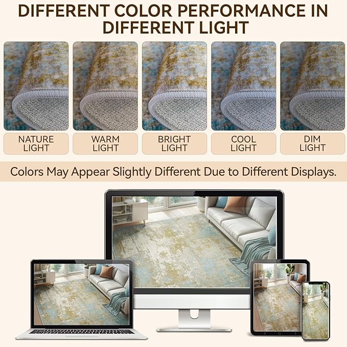 Washable Area Rugs 5'x7' Non-Slip Modern Abstract Soft for Living Room Entryway Bedroom Nursery, Print Pattern, Teal Blue Taupe