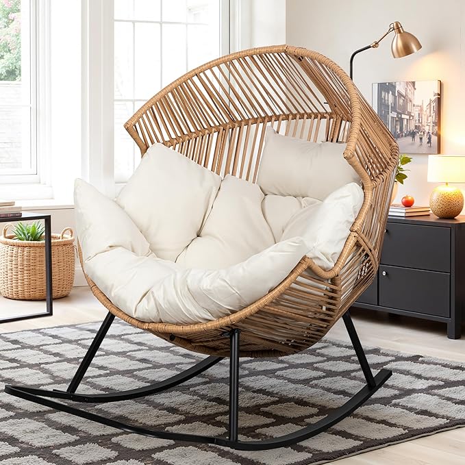 Vongrasig Wicker Rocking Egg Chair PE Rattan with Cushion, Oversized Patio Lounge Rocker Chair for Outdoor, Indoor, Livingroom, Backyard, Garden (Beige)