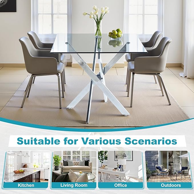 Dining Table for 4 Modern 35.43" Rectangular Glass Dining Table Kitchen & Dining Room Tables with Metal Base for Dining Room and Apartment, Chrome