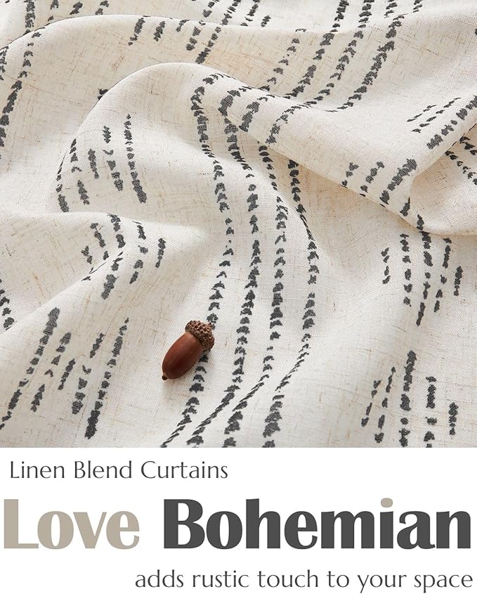 jinchan Boho Kitchen Curtains Linen Cafe Tier Curtains 45 Inch Bohemian Geometric Striped Mudcloth Small Window Drapes for Living Room Bathroom Cabinet Light Filtering Back Tab 2 Panels Black on Flax