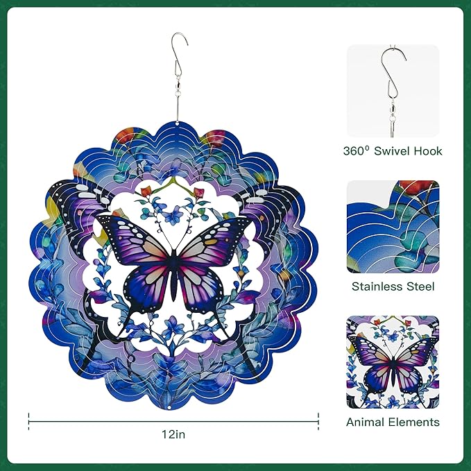 Outdoor Butterfly Wind Spinners-12 Inch Butterfly Decor Outdoor Hanging Wind Sculptures Birthday Gifts for Women Mom Wife Grandma 3D Wind Spinner for Garden Decor for Outside, Garden, Patio, Yard