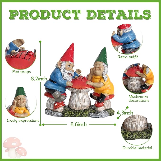 Garden Gnome Statue for Outdoor Decoration, Couple Gnome Figurine on Mushroom for Outside, Garden Mr and Mrs Gnome Playing Chess Sculptures for Yard Lawn Patio Decor, Love Gifts for Women
