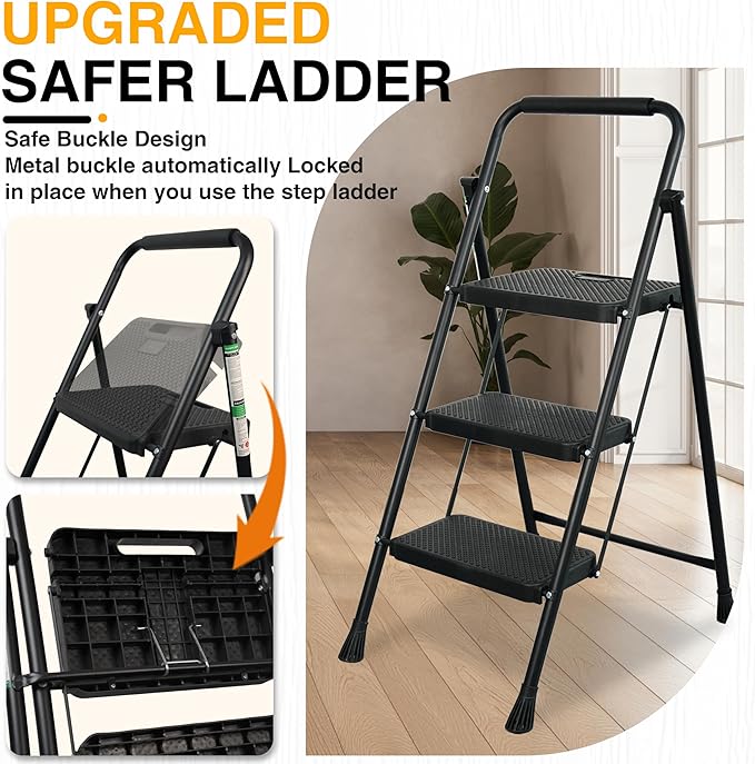 3 Step Ladder, Portable Steel Folding Step Stool with Wide Anti-Slip Pedal & Convenient Handgrip, 500lbs Sturdy Steel Ladder, Black
