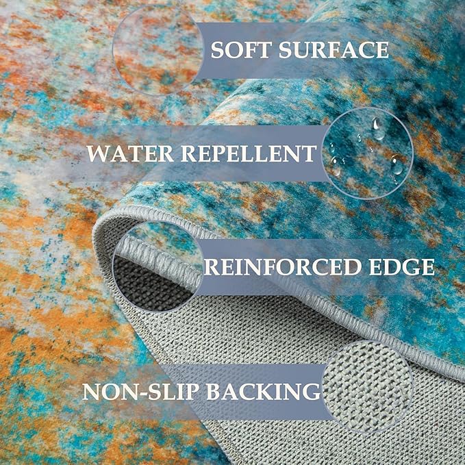 Washable Area Rugs 8ft Non-Slip Modern Abstract Soft for Living Room Entryway Bedroom Nursery, Print Pattern, Teal Blue Green Orange Rust Red Colorful
