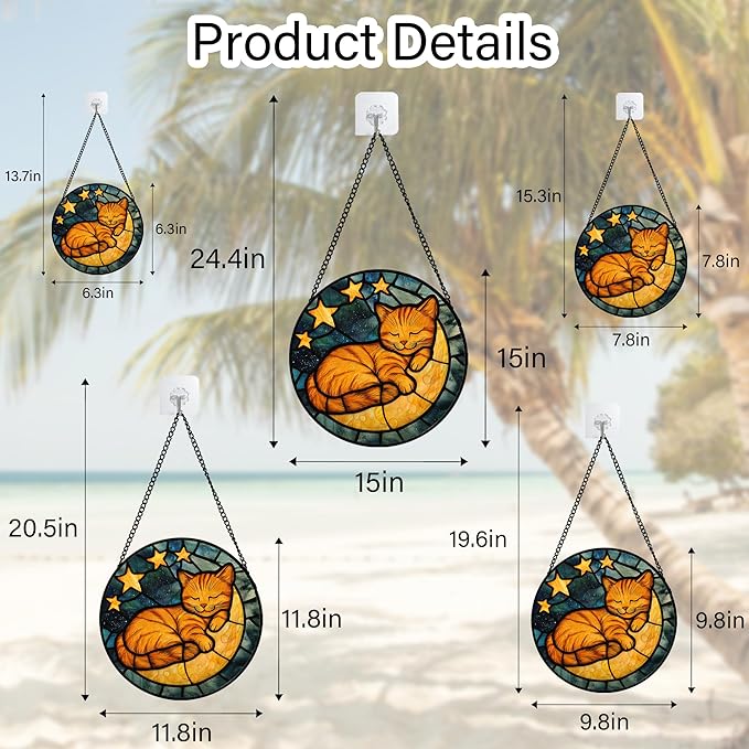 Stained Glass Window Hanging - Orange Cat Sun Catcher for Door Home Decor Stars and Moon Suncatcher Christmas Mother's Day Birthday Loss of a Pet Gifts for Women Men Mom Nana 11.8 in