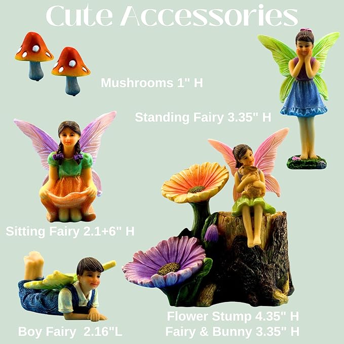 PRETMANNS Fairies for Fairy Garden - Colorful Accessories Kit for an Indoor or Outdoor Miniature Garden - 7 Piece Hand-Painted Resin Figurine Set with a Flower Stump & Mushrooms