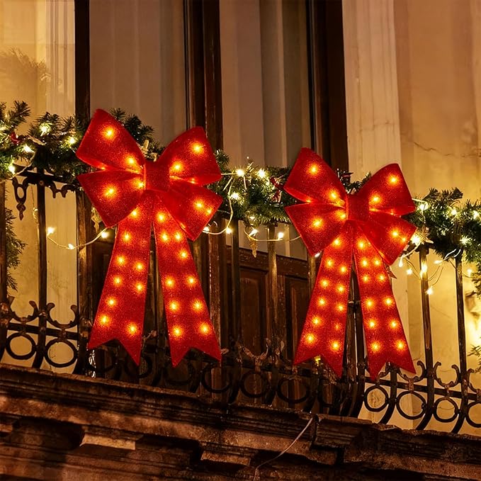 Christmas Bow Decorations Lighted Giant Christmas Bows Decoration 24 Inch Red Xmas Bows with LED Lights Xmas Tree Decorations Wreath Yard Décor Light for Indoor Outdoor Decor (2)