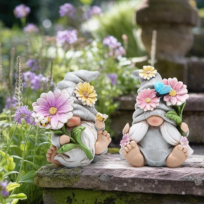 Hodao Set of 2 Spring Gnome Decorations Flower Gnomes Ornaments Decor Summer Outdoor Figurines Spring Elves for Porch, Garden Yard, Flower Bed Garden Gifts for Women, Mom (Grey)