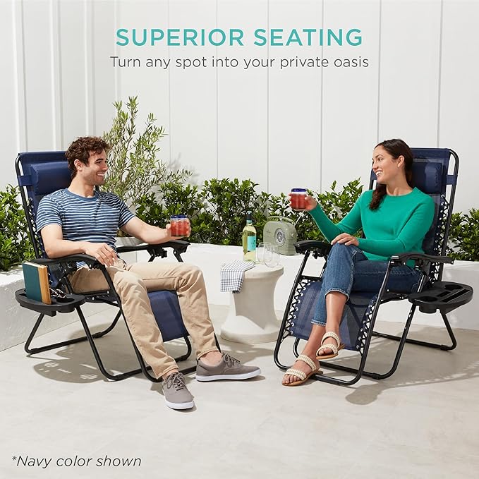 Best Choice Products Set of 2 Adjustable Steel Mesh Zero Gravity Lounge Chair Recliners w/Pillows and Cup Holder Trays - Marine Blue/Black