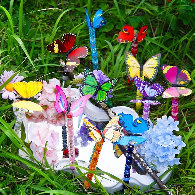 145 PCS Beaded Garden Stakes Kit, DIY Fairy Wand Garden Stake Beads Kits with Assortment Large Hole Beads 4 Crystal Stopper Top 2 Colored Butterfly Tops and Threaded Rods for Outdoor Indoor Decor