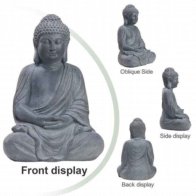 TOETOL Outdoor Buddha Large Statue Meditative Asian Zen Indoor 20” High Medium Yard Decor Magnesium Oxide Stone for Yard Garden Patio Deck Home, Dark Grey