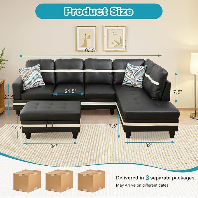 Couches for Living Room PU Leather L Shaped Couch Comfy 3 Pieces Sectional Sofa with Chaise, Ottoman with Storage for Office and Small Apartment, Black
