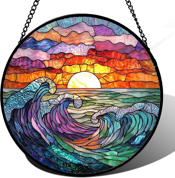 Stained Glass Window Hanging, Clouds and Sea Waves Suncatcher Diamond Glass Panel Hangings Scenery Sun Catchers Decor for Birthday for Women, Men, Wife, Aunt, and Mom 14.9 in