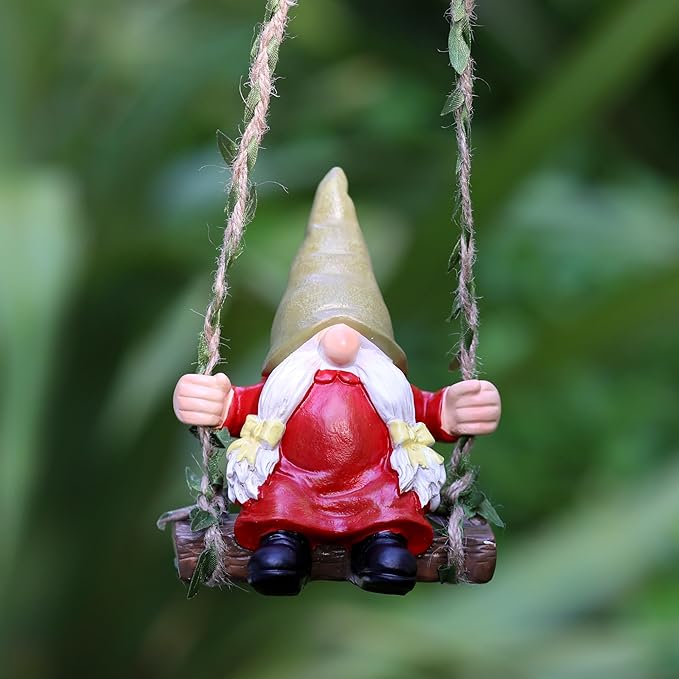 Garden Female Gnome on Swing Statue Decoration Figurine Ornament for Indoor Outdoor Home Patio Yard Lawn,Gift for Mom