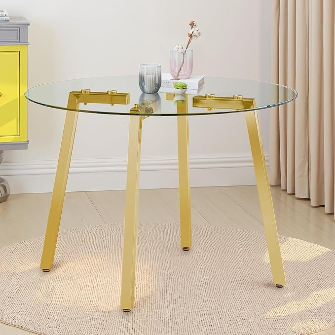 Round Dining Table for 4 Modern 36" Round Glass Dining Table Kitchen Table with Glass Tabletop and Metal Legs for Dining Room and Kitchen, Gold