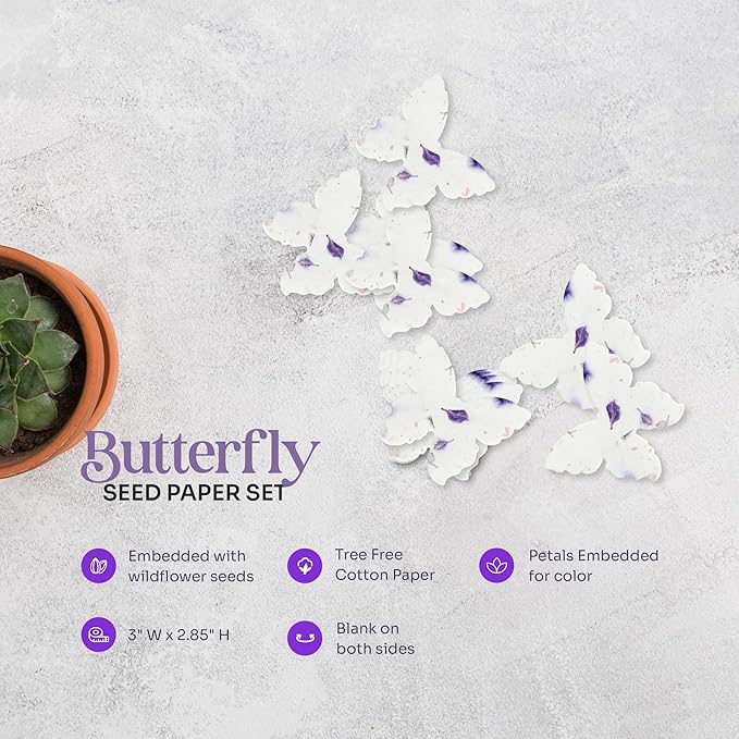 Wildflower Seed Paper - Set of 24 Purple Butterfly-Shaped with Envelope and Planting Instruction, Writable & Plantable Gift for Mom and Plant Lover, Ideal for Wedding, Memorial, Baby Shower