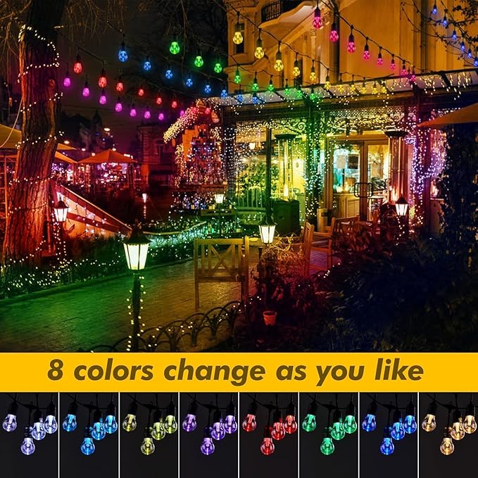 144FT Solar Outdoor String Lights, 45 Shatterproof E26 Edison LED Bulbs, IP65 Waterproof Dimmable RGB Color Changing Patio Lights with 8 Modes & Remote for Garden, Cafe