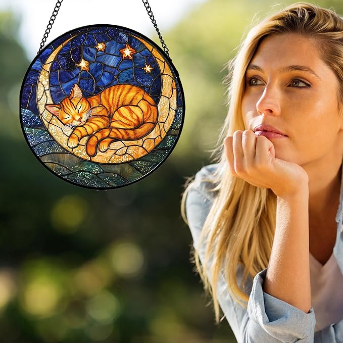 Stained Glass Window Hanging - Orange Moon Sleeping Cat Sun Catcher for Door Home Decor Blue Starry Sky Suncatcher Christmas Mother's Day Birthday Gifts for Women Men Mom Nana 7.8 in