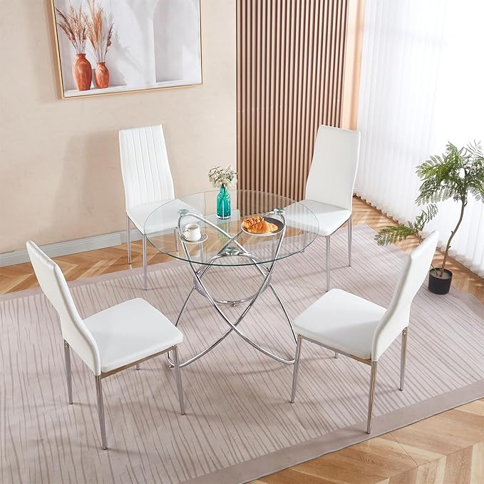 35.4" Round Dining Table for 4, Modern Clear Glass Kitchen Table for 4 with Chrome Metal Legs, Compact Small Circle Dining Room Leisure Tables for Kitchen Apartment
