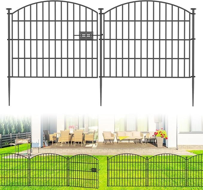 10 Panels No Dig Decorative Garden Fence with Gate - 24 in (H) x 20 ft (L) Dog Rabbits and Pets Fence Outdoor for Yard, Animal Barrier Tall Rustproof Metal Wire Fencing Border for Garden and Patio