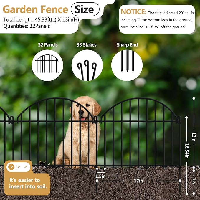 45.33ft x 20in Garden Fence, 32 Panels Animal Barrier Fences for Dogs Rabbit, Anti Digging Defense Edging Border, Rustproof Metal Arched Decorative Fencing for Outdoor Patio, Yard, Lawn