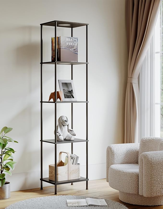 Display Shelf with RGBW Light, Color Changing Curio Cabinet Floor Lamp with Shelves Corner Standing Column Lamp Etagere Organizer Tower Nightstand Bookcase for Living Room Bedroom Office Décor Black