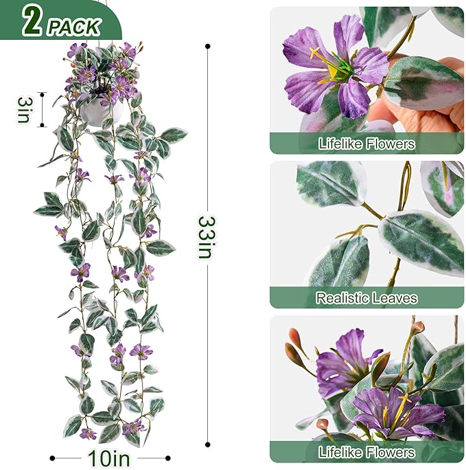 2PCS Artificial Hanging Plant with Pot Faux Hanging Plants Small Hanging Plants Pot with Artificial Vines and Flower Greenery Decoration for Living Room Wall Home Wall Shelf