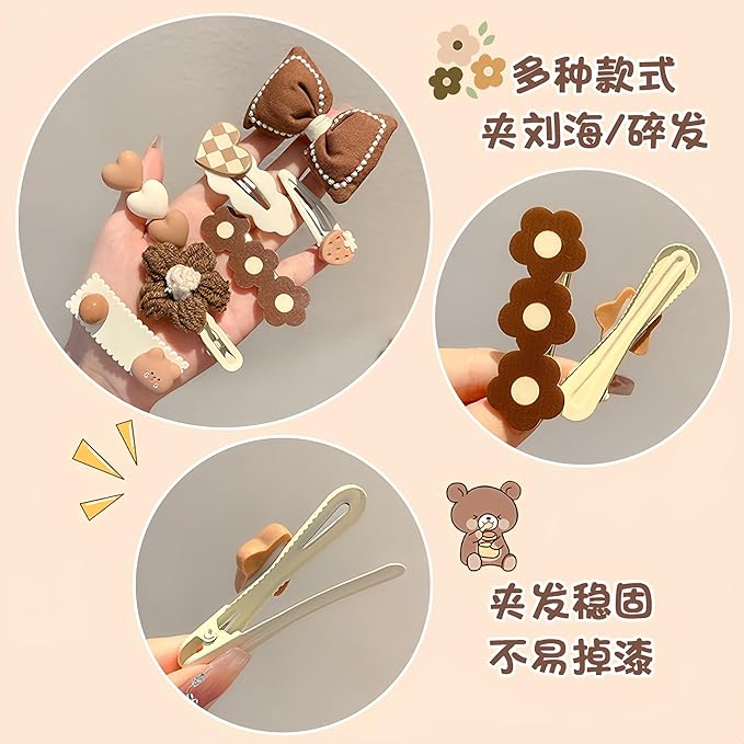 (12 Pcs) Super Cute Lovely Warm Autumn Winter Spring Theme Kid's Hairpin Flower Floral Bear Bowknot Hair Clips Hair Decoration Women Girls Salon Hairstyle Hairdressing Grip -Pink