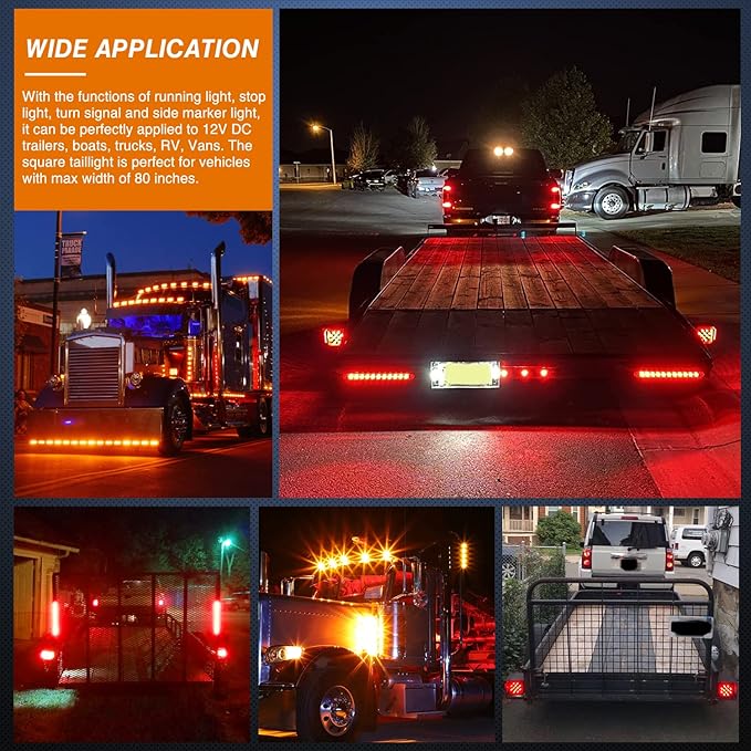 Nilight LED Trailer Light Kit Square Stop Turn Tail Red Amber Side Marker lights Third Brake ID Bar for 12V Utility Boat Camper RV Trucks Marine Snowmobile