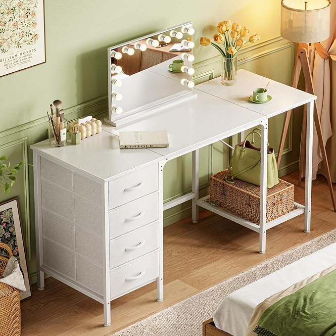 Huuger 55 Inch White Desk with 4 Drawers, Vanity Desk with Mesh Shelf for Makeup, Computer Desk for Home Office with Large Storage, Bedroom, Work from Home